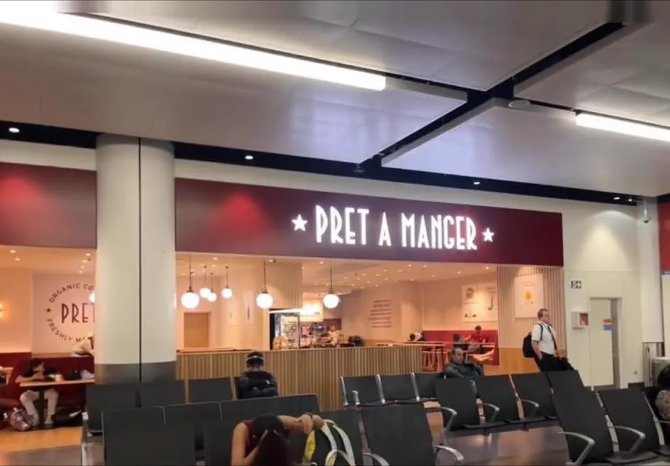 Seating area inside Pret A Manger at Gatwick North Terminal landside