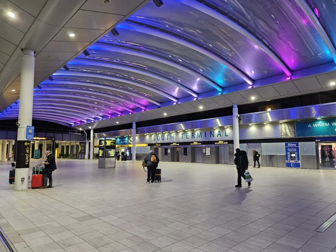 Illuminated entrance concourse at Gatwick South Terminal